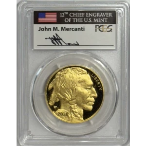2020-W $50 American Buffalo .9999 Fine Gold First Day of Issue Mercanti Flag, DCAM